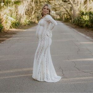 Elegant Lace Gown MATERNITY PHOTOSHOOT DRESS Large, Sheer White Off Shoulder